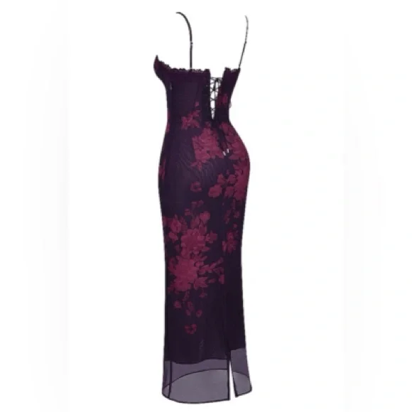 Sheath Slip Dress with Burgundy Floral Lace - Picture 2 of 4